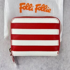Folli Follie Faux Leather Wallet Red Striped Pebble Zip Bifold Cardholder NEW!